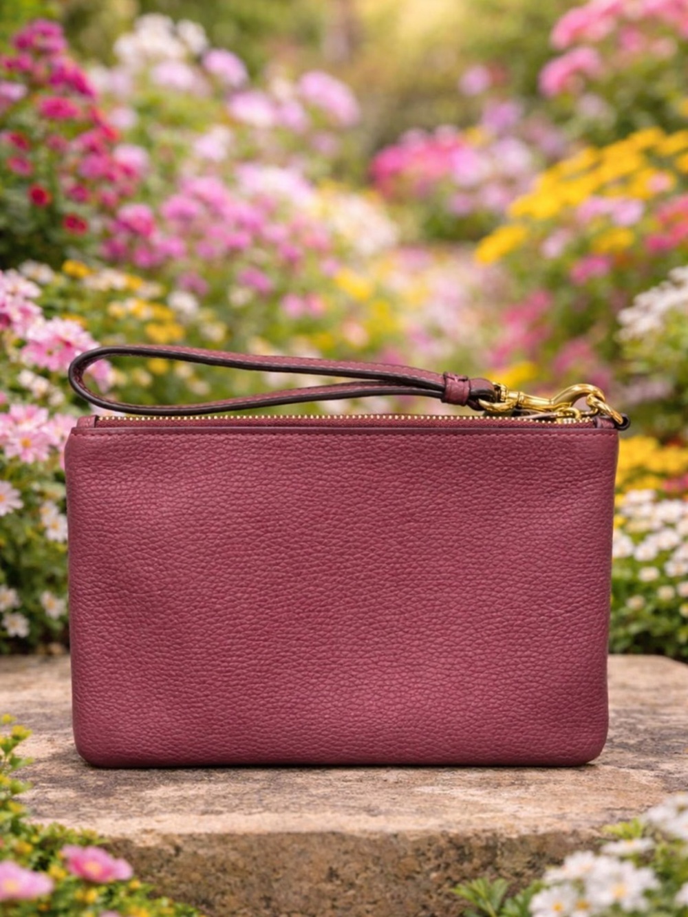 Coach Polished Pebbled Leather Zip Top Wristlet Vintage Mauve EUC - Picture 2 of 6